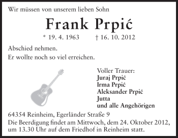 Traueranzeige von Frank Prpic von Darmstädter Echo, Odenwälder Echo, Rüsselsheimer Echo, Groß-Gerauer-Echo, Ried Echo