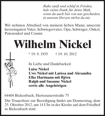 Traueranzeige von Wilhelm Nickel von Echo-Zeitungen (Gesamtausgabe)