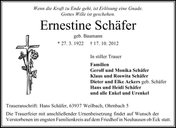 Traueranzeige von Ernestine Schäfer von Odenwälder Echo