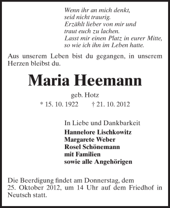 Traueranzeige von Maria Heemann von Echo-Zeitungen (Gesamtausgabe)
