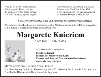 Traueranzeige von Margarete Knieriem von Odenwälder Echo