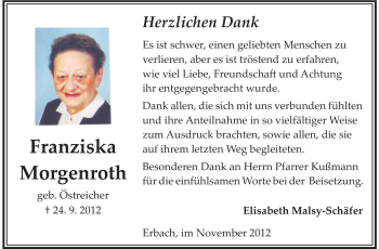 Traueranzeige von Franziska Morgenroth von Odenwälder Echo