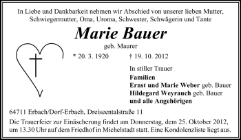Traueranzeige von Marie Bauer von Odenwälder Echo