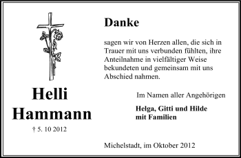 Traueranzeige von Helli Hammann von Odenwälder Echo