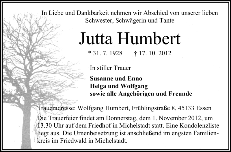  Traueranzeige für Jutta Humbert vom 27.10.2012 aus Odenwälder Echo