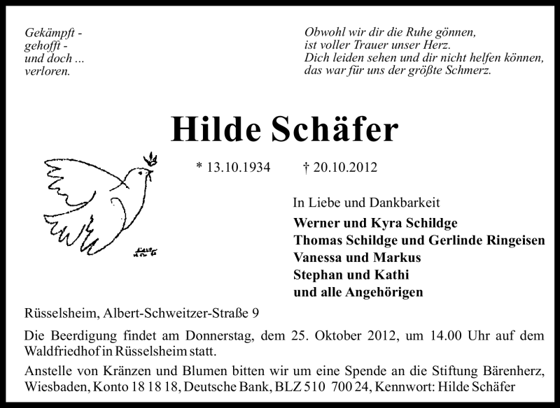  Traueranzeige für Hilde Schäfer vom 23.10.2012 aus Rüsselsheimer Echo, Groß-Gerauer-Echo, Ried Echo