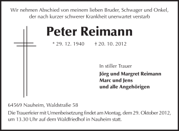Traueranzeige von Peter Reimann von Rüsselsheimer Echo, Groß-Gerauer-Echo, Ried Echo
