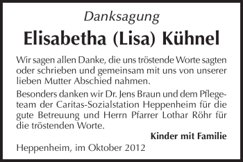 Traueranzeige von Elisabetha Kühnel von Starkenburger Echo