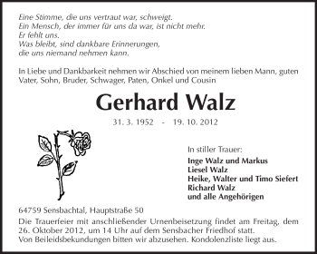Traueranzeige von Gerhard Walz von Odenwälder Echo