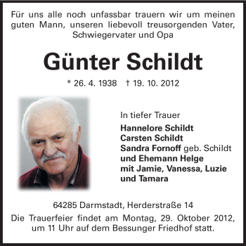 Traueranzeige von Günter Schildt von Echo-Zeitungen (Gesamtausgabe)