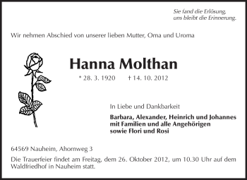 Traueranzeige von Hanna Molthan von Rüsselsheimer Echo, Groß-Gerauer-Echo, Ried Echo