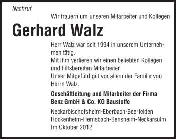 Traueranzeige von Gerhard Walz von Odenwälder Echo