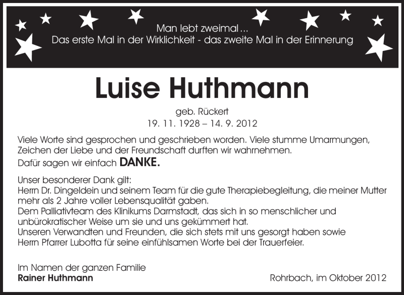  Traueranzeige für Luise Huthmann vom 27.10.2012 aus Echo-Zeitungen (Gesamtausgabe)
