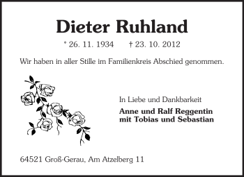 Traueranzeige von Dieter Ruhland von Rüsselsheimer Echo, Groß-Gerauer-Echo, Ried Echo