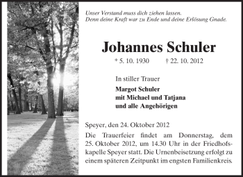 Traueranzeige von Johannes Schuler von Rüsselsheimer Echo, Groß-Gerauer-Echo, Ried Echo