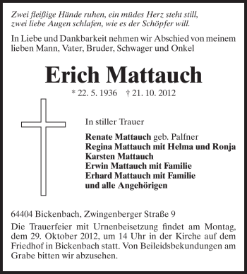 Traueranzeige von Erich Mattauch von Echo-Zeitungen (Gesamtausgabe)