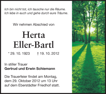 Traueranzeige von Herta Eller-Bartl von Echo-Zeitungen (Gesamtausgabe)