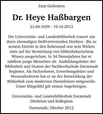 Traueranzeige von Heye Haßbargen von Echo-Zeitungen (Gesamtausgabe)