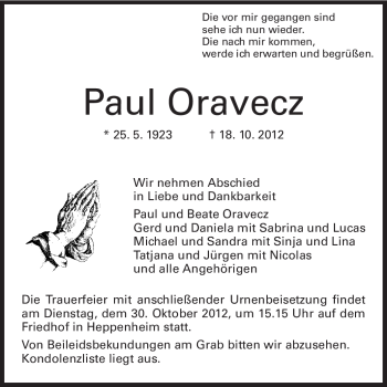 Traueranzeige von Paul Oravecz von Starkenburger Echo