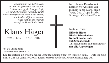 Traueranzeige von Klaus Häger von Odenwälder Echo