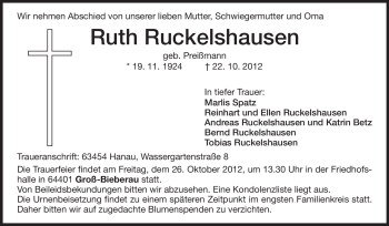Traueranzeige von Ruth Ruckelshausen von Echo-Zeitungen (Gesamtausgabe)