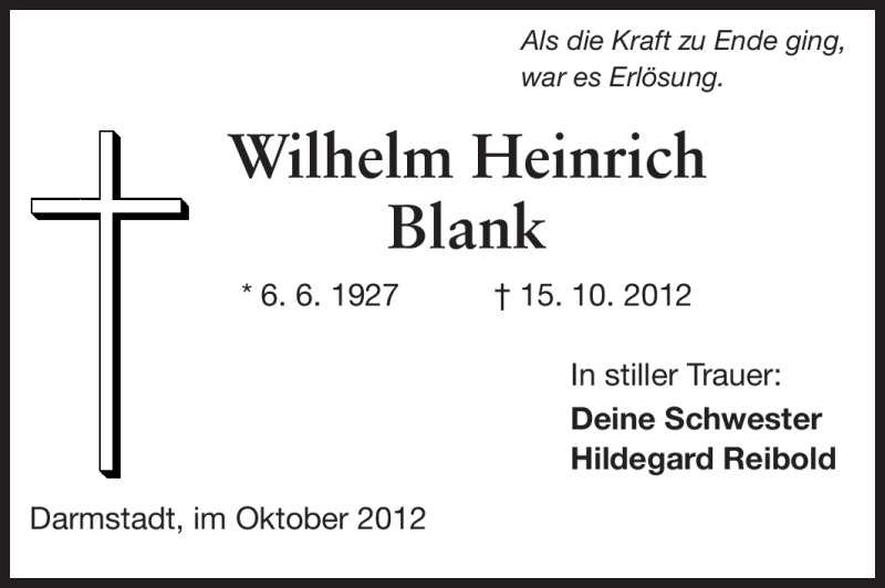  Traueranzeige für Wilhelm Heinrich Blank vom 27.10.2012 aus Echo-Zeitungen (Gesamtausgabe)