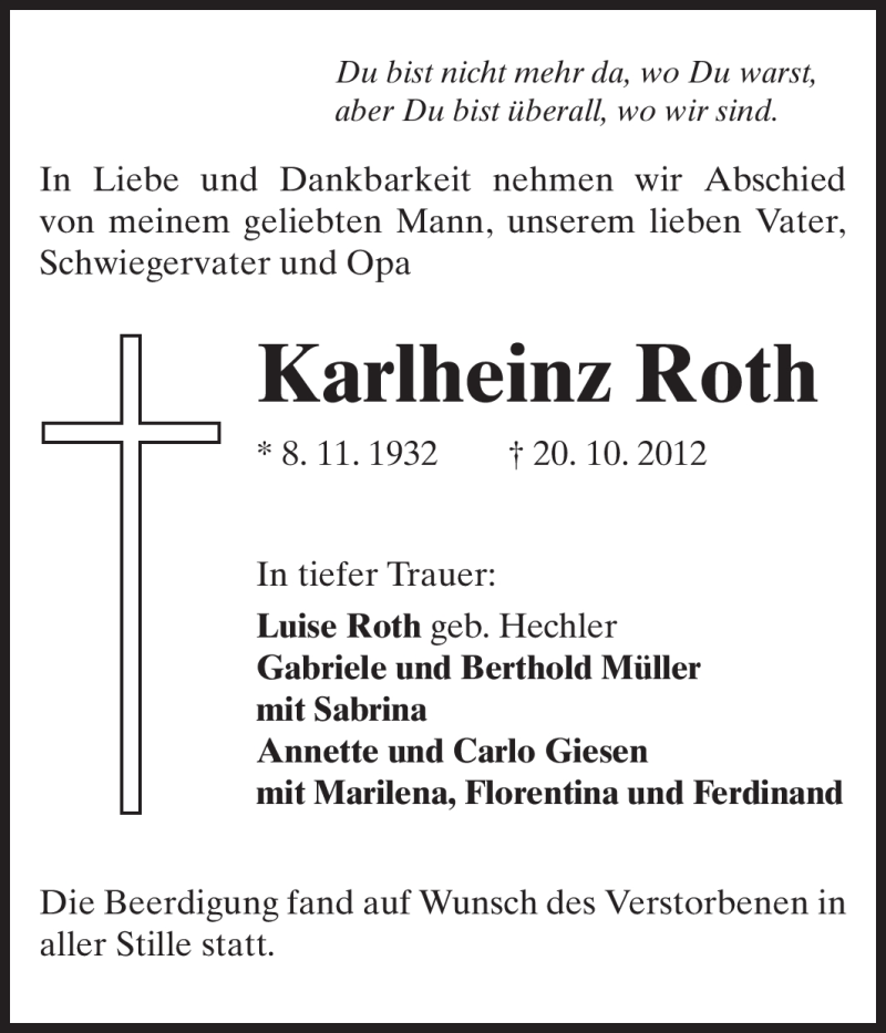  Traueranzeige für Karlheinz Roth vom 27.10.2012 aus Echo-Zeitungen (Gesamtausgabe)