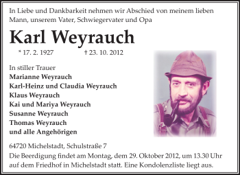 Traueranzeige von Karl Weyrauch von Odenwälder Echo