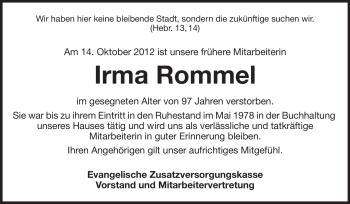 Traueranzeige von Irma Rommel von Echo-Zeitungen (Gesamtausgabe)
