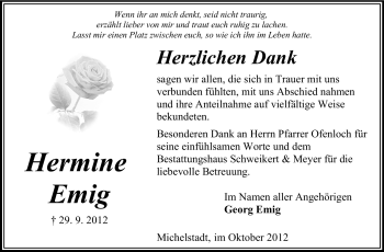 Traueranzeige von Hermine Emig von Odenwälder Echo
