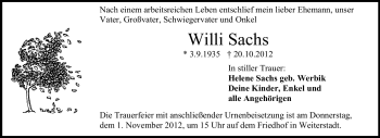 Traueranzeige von Willi Sachs von Echo-Zeitungen (Gesamtausgabe)