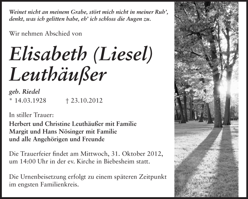  Traueranzeige für Elisabeth Leuthäußer vom 27.10.2012 aus Rüsselsheimer Echo, Groß-Gerauer-Echo, Ried Echo