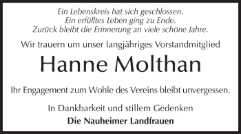 Traueranzeige von Hanne Moltau von Rüsselsheimer Echo, Groß-Gerauer-Echo, Ried Echo