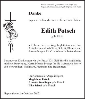 Traueranzeige von Edith Potsch von Starkenburger Echo