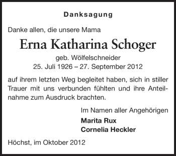 Traueranzeige von Erna Katharina Schoger von Odenwälder Echo