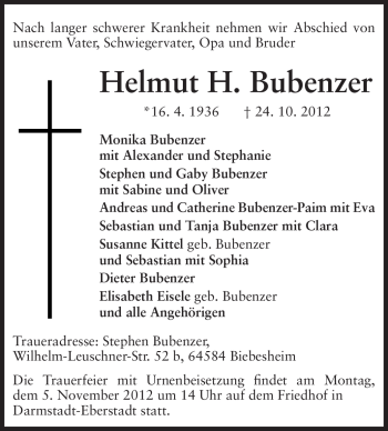 Traueranzeige von Helmut Bubenzer von Echo-Zeitungen (Gesamtausgabe)