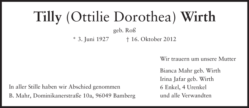  Traueranzeige für Tilly Wirth vom 27.10.2012 aus Echo-Zeitungen (Gesamtausgabe)
