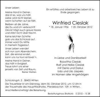 Traueranzeige von Winfried Cieslak von Echo-Zeitungen (Gesamtausgabe)
