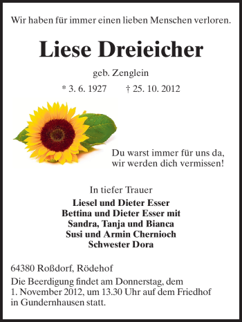 Traueranzeige von Liesel Dreieicher von Echo-Zeitungen (Gesamtausgabe)