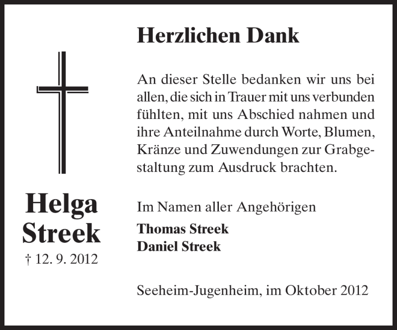  Traueranzeige für Helga Streek vom 27.10.2012 aus Echo-Zeitungen (Gesamtausgabe)