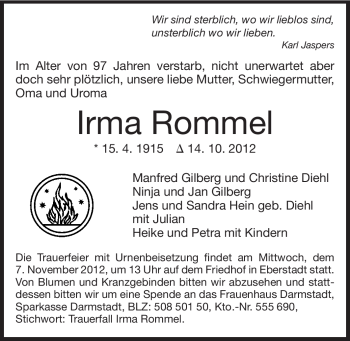 Traueranzeige von Irma Rommel von Echo-Zeitungen (Gesamtausgabe)