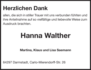 Traueranzeige von Hanna Walther von Echo-Zeitungen (Gesamtausgabe)