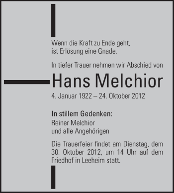 Traueranzeige von Hans Melchior von Rüsselsheimer Echo, Groß-Gerauer-Echo, Ried Echo