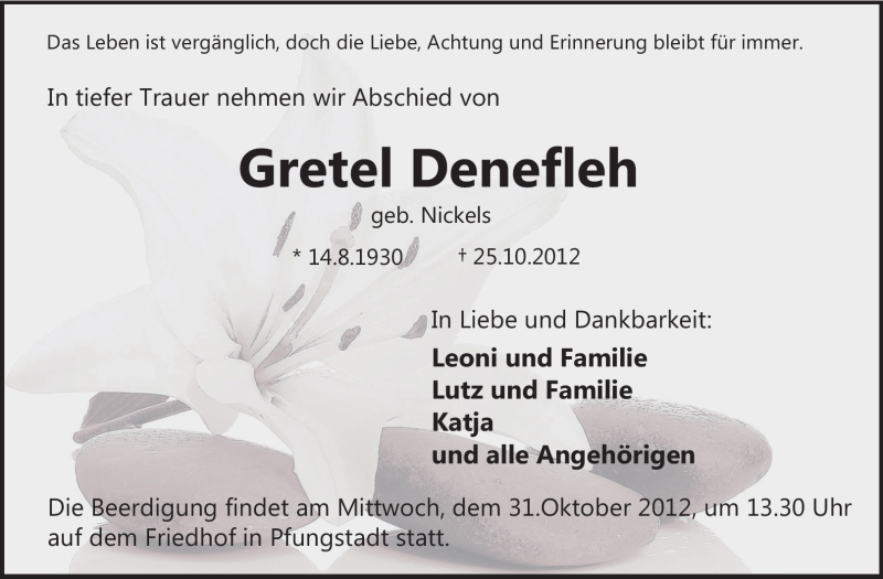  Traueranzeige für Gretel Denefleh vom 27.10.2012 aus Echo-Zeitungen (Gesamtausgabe)