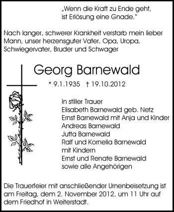 Traueranzeige von Georg Barnewald von Echo-Zeitungen (Gesamtausgabe)