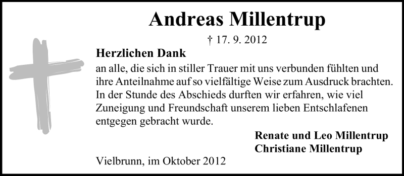  Traueranzeige für Andreas Millentrup vom 27.10.2012 aus Odenwälder Echo
