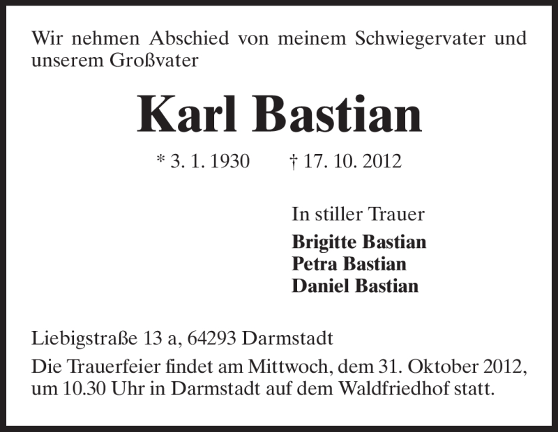  Traueranzeige für Karl Bastian vom 27.10.2012 aus Echo-Zeitungen (Gesamtausgabe)