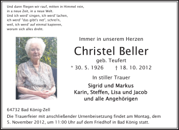 Traueranzeige von Christel Beller von Odenwälder Echo