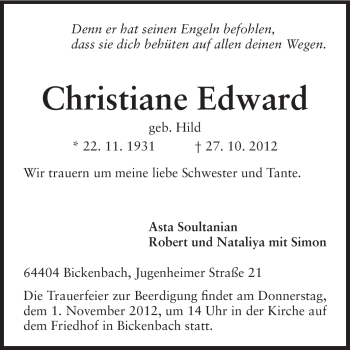 Traueranzeige von Christiane Edward von Echo-Zeitungen (Gesamtausgabe)