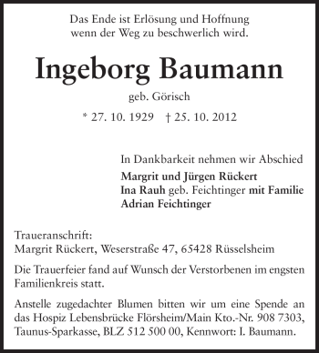 Traueranzeige von Ingeborg Baumann von Echo-Zeitungen (Gesamtausgabe)